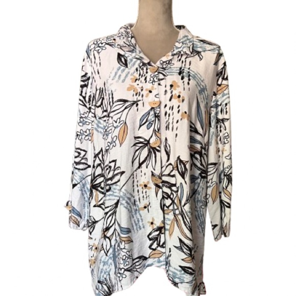 Ali Miles Button Front Tunic cream and blue Women’s Size XL Lagenlook Art